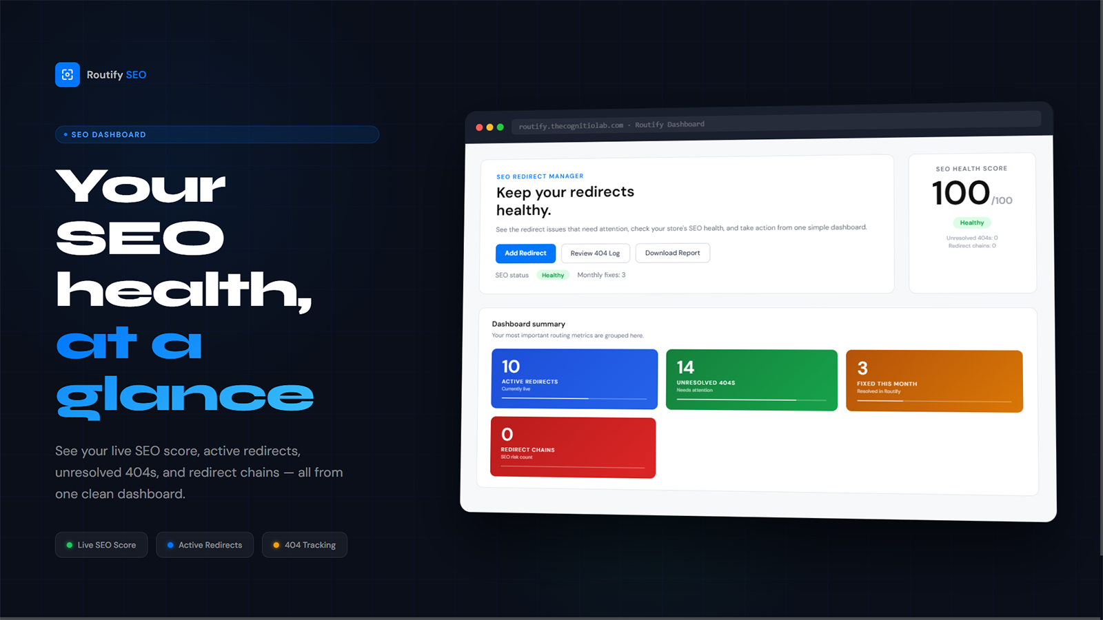 Routify SEO redirect dashboard